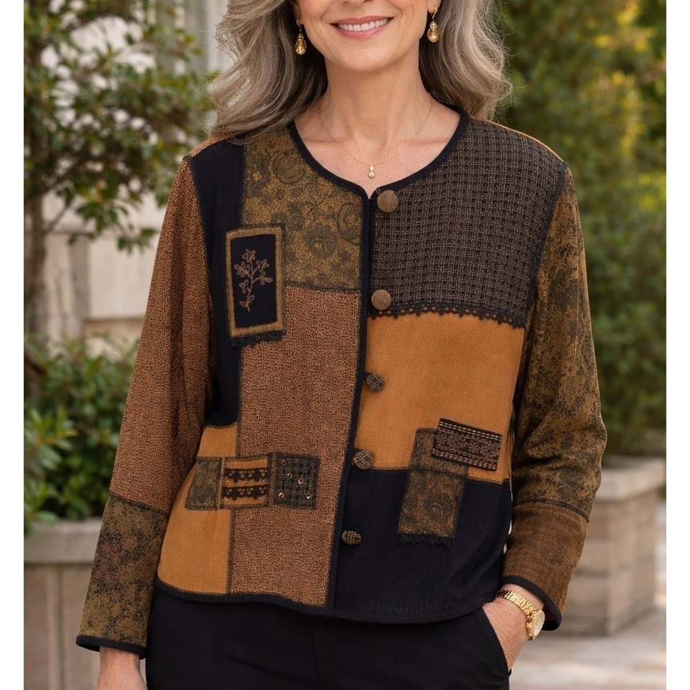 Koret Petites Xl Patchwork Jacket Brown Black Flo… - image 1